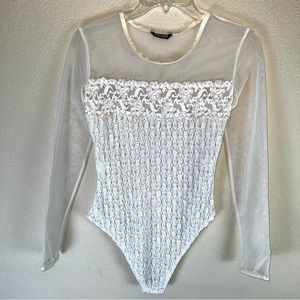 SAGAIE Paris Semi-Sheer Lace/Mesh Long Sleeve Bodysuit Ivory Sz S